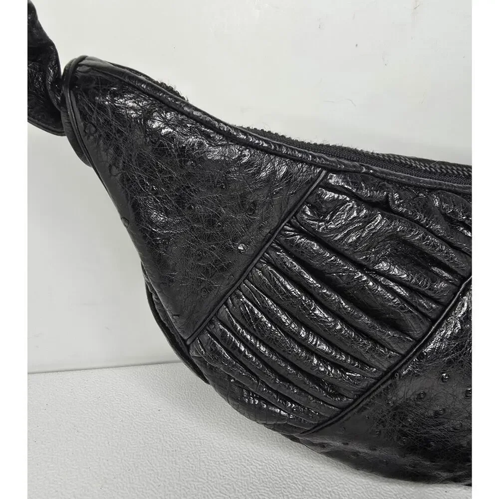 Vintage Judith Leiber Black Ostrich Leather Shoulder Bag Handbag Crescent Shape